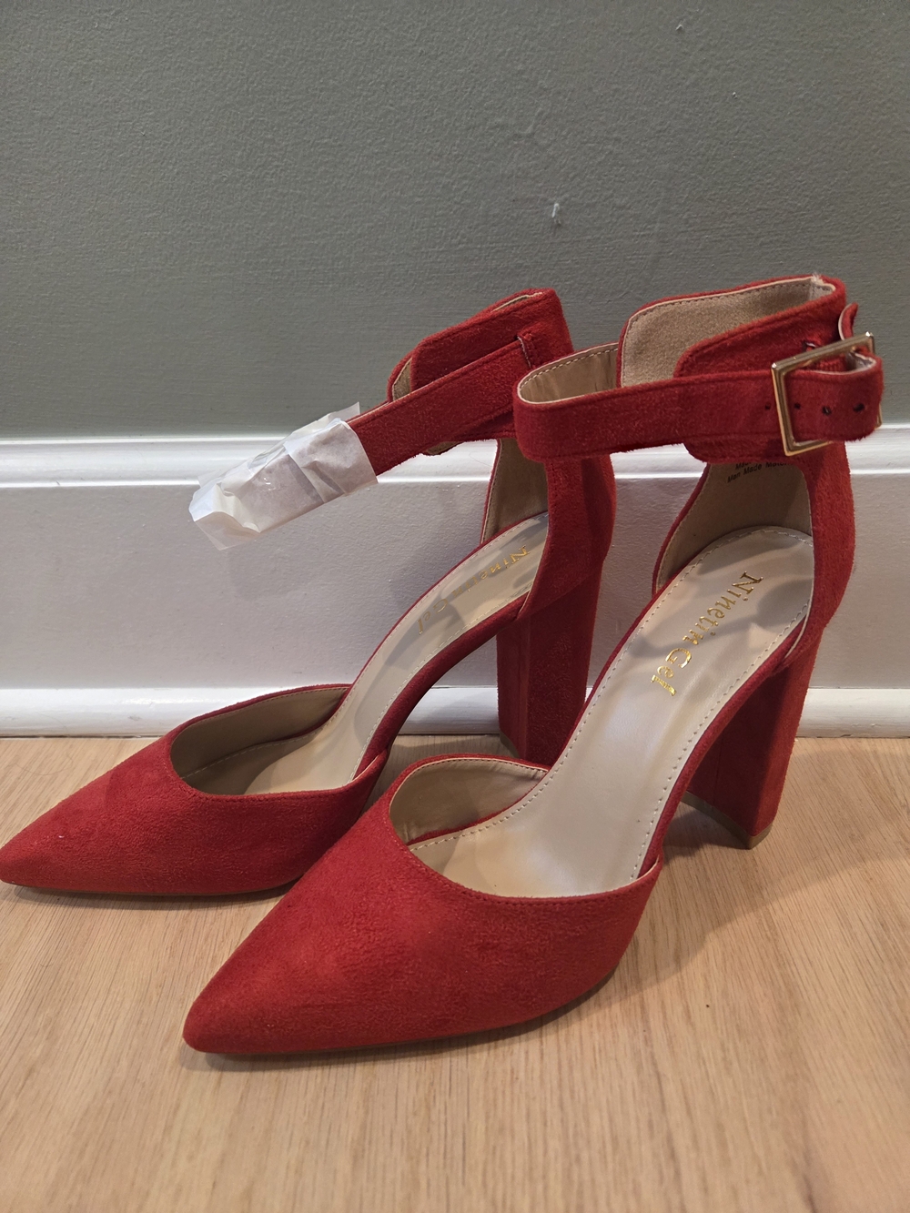 Red Ankle-Strap Pointed Toe Block Heels - Unbranded